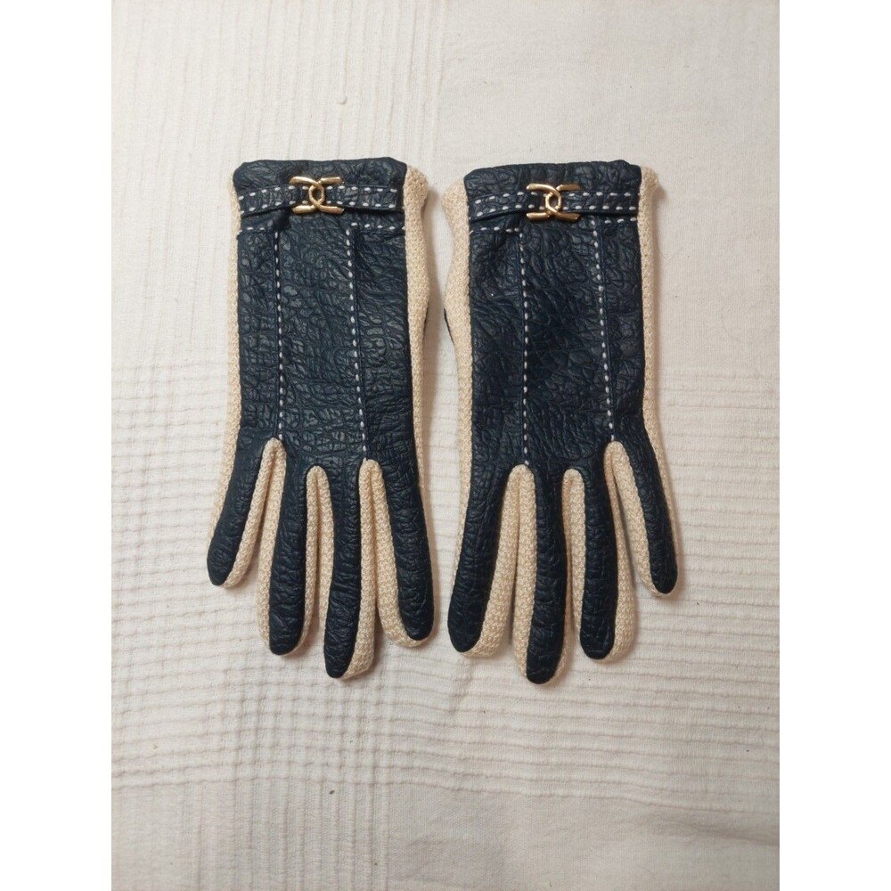 New Aris Snuggler Blue Faux Leather Cream Knitted Gloves Size M